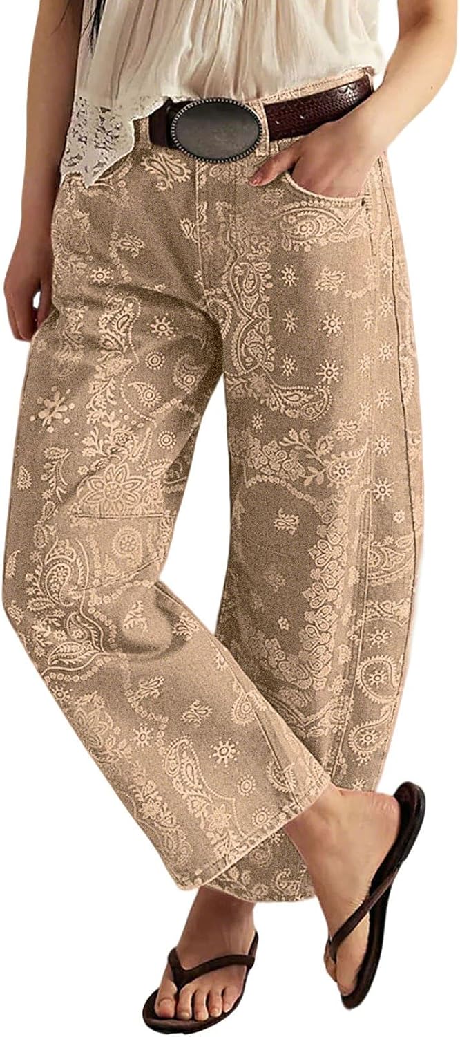 Women's Floral Print Barrel Jeans - Mid Rise Baggy Wide Leg Ankle Denim with Patchwork Detail - Small