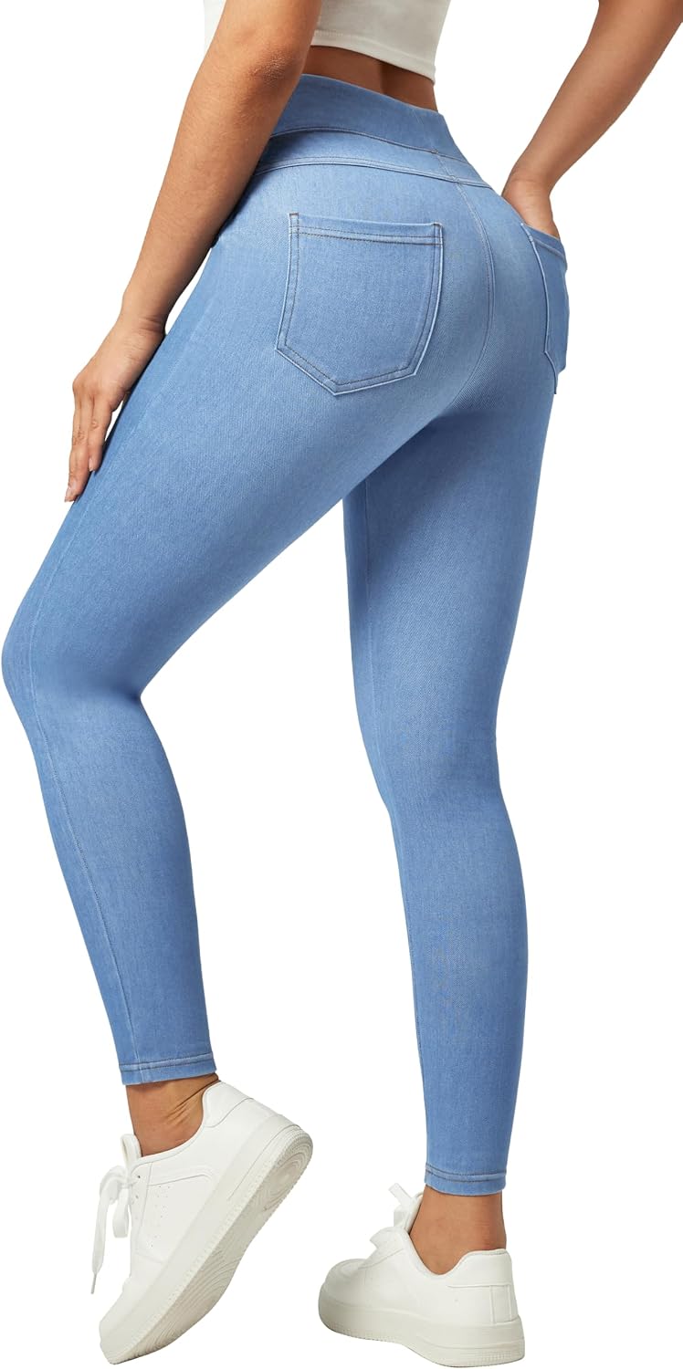 Women's Pull On Denim Jeggings - High Waist Skinny Leggings with Tummy Control and Four Pockets - Plus Size (3)