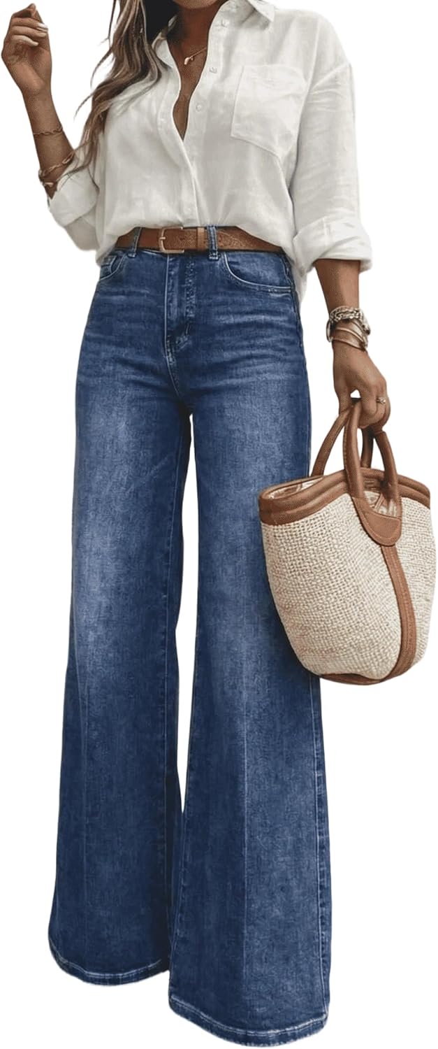 Women's Dark Wash Bootcut Jeans - High Waisted Wide Leg Denim with Classic Five Pocket Styling - 5 Long