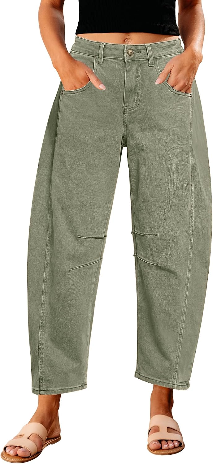 Women's High Rise Barrel Jeans - Cropped Stretch Denim with Seam Detailing for Dressy Casual Outfits - Small (16)