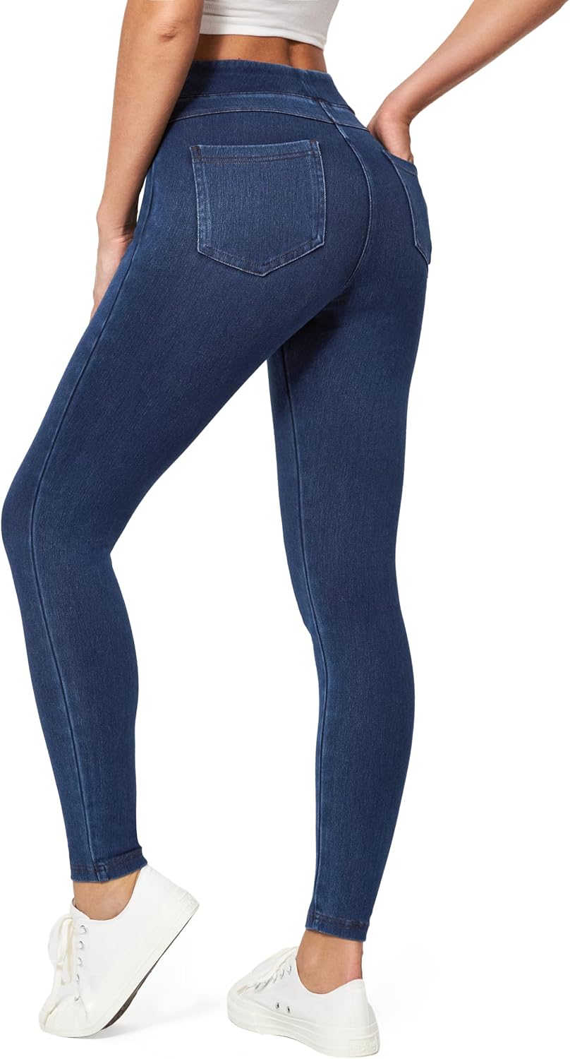 Women's Pull On Denim Jeggings - High Waist Skinny Leggings with Tummy Control and Four Pockets - Plus Size