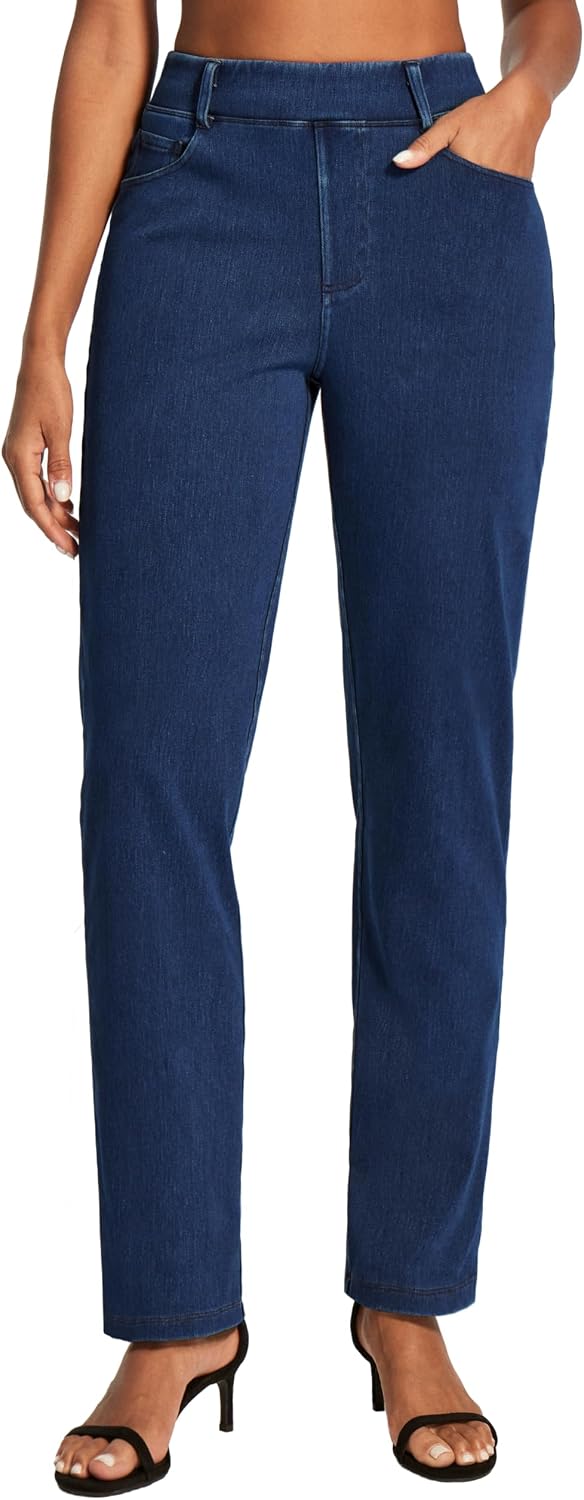 Women's Pull On Straight Leg Jeans - Elastic Waist Tummy Control Denim in Two Lengths for the Office - Petite