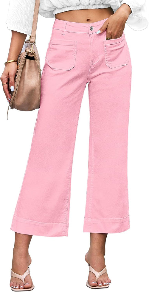Women's Cropped Flare Jeans - High Rise Wide Leg Denim with Front Patch Pockets for Concert Outfits - Small
