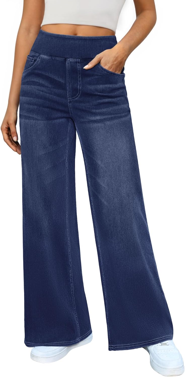 Women's Pull On Wide Leg Jeans - Elastic Waist Sweatpant Denim with Tummy Control for Work Days - Black