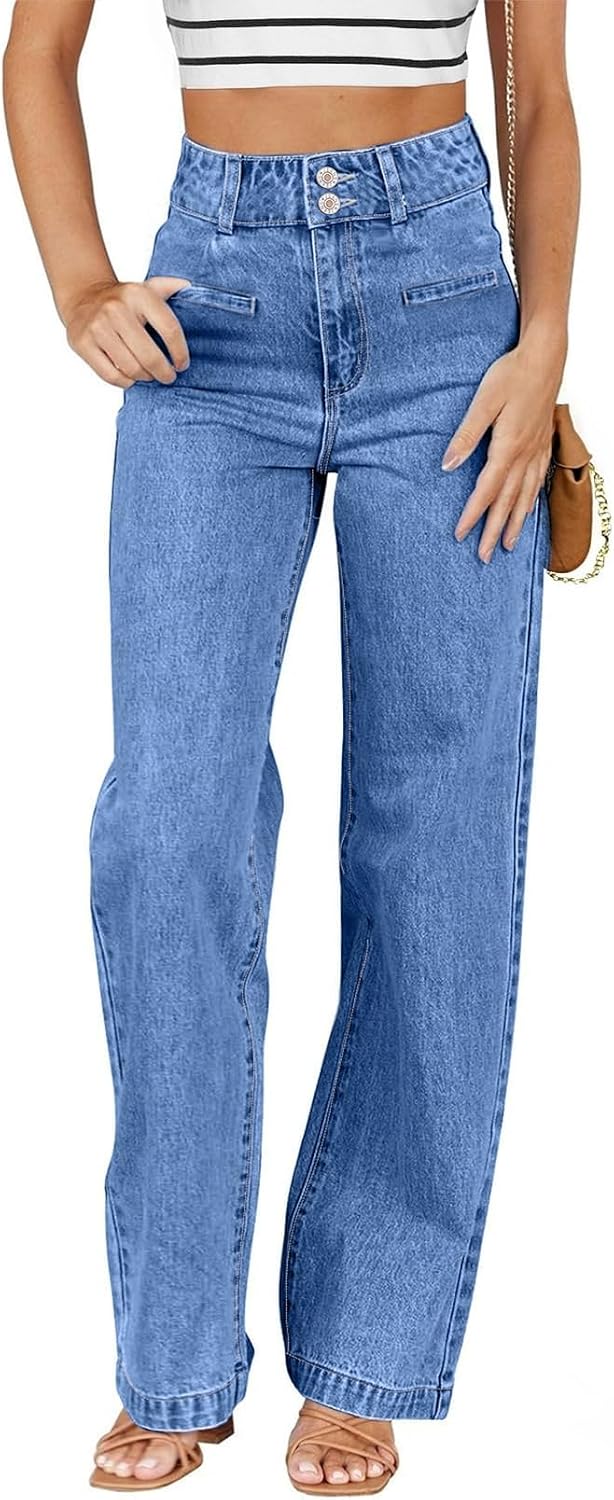 Women's High Waisted Straight Leg Jeans - Soft Stretch Denim with a Dual Button Closure and Pockets - 4