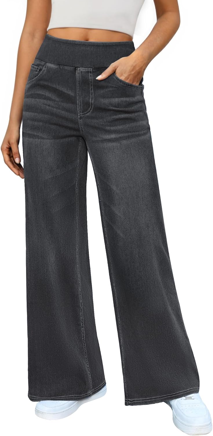Women's Pull On Wide Leg Jeans - Elastic Waist Sweatpant Denim with Tummy Control for Work Days - Black