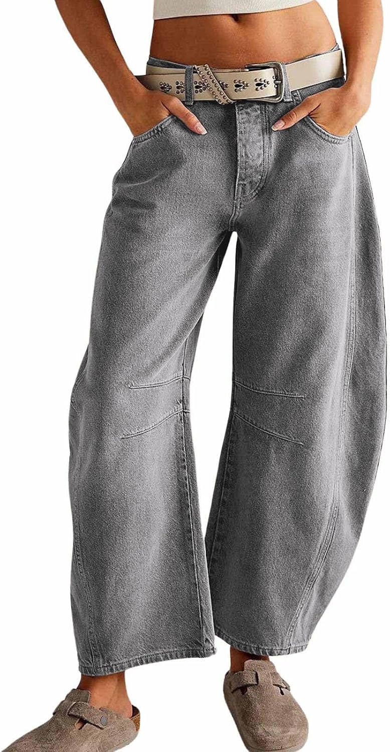 Women's Vintage Wash Barrel Jeans - Mid Rise Loose Wide Leg Cropped Denim for Weekend Outfits - Small