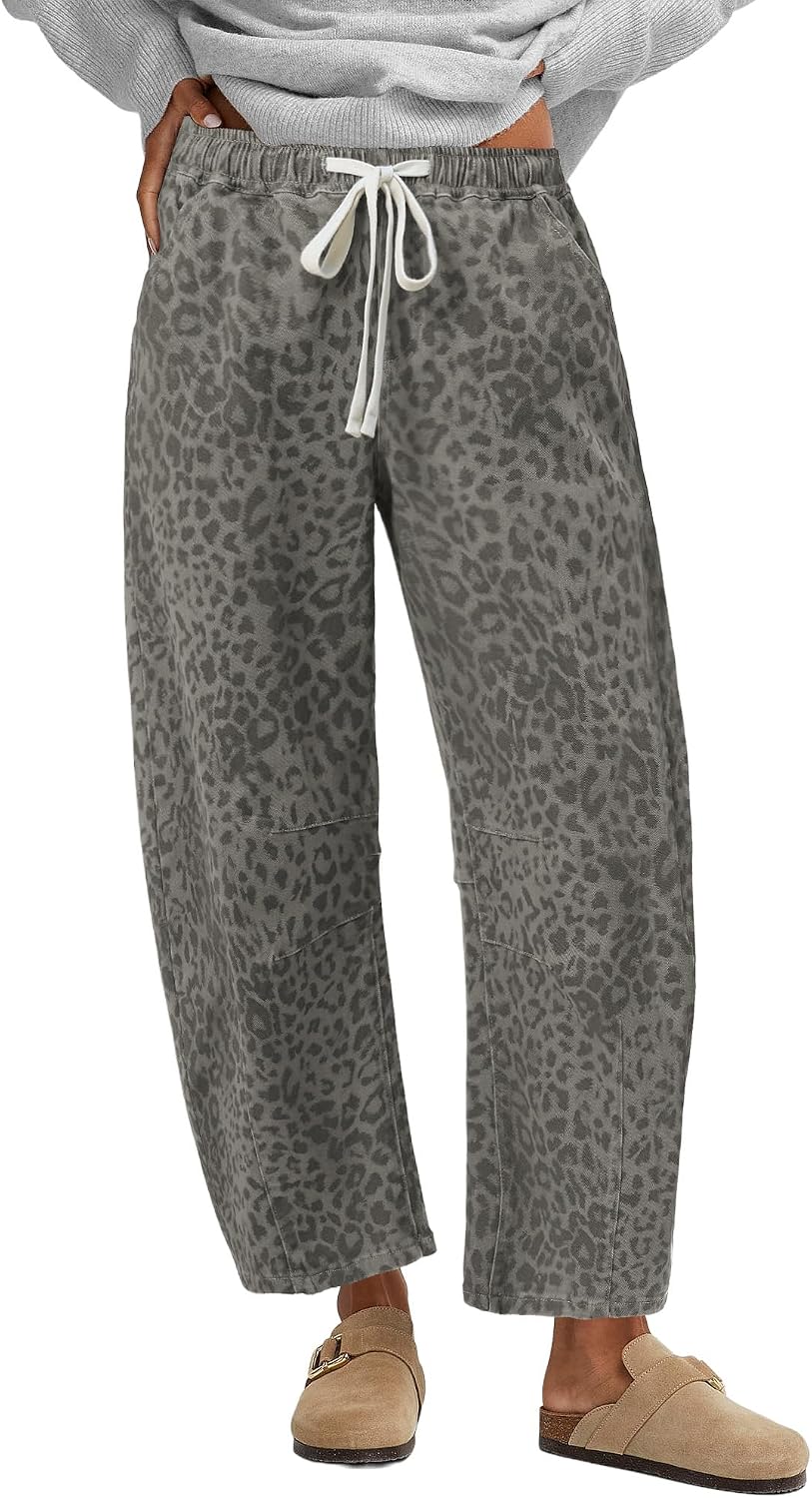 Women's Leopard Print Barrel Jeans - High Waisted Pull On Cropped Wide Leg Stretch Denim for Autumn - Medium