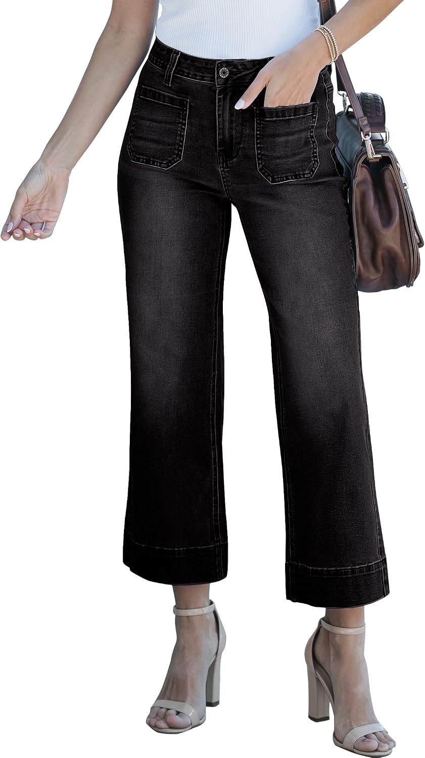 Women's Cropped Flare Jeans - High Rise Wide Leg Denim with Front Patch Pockets for Concert Outfits - Small (9)