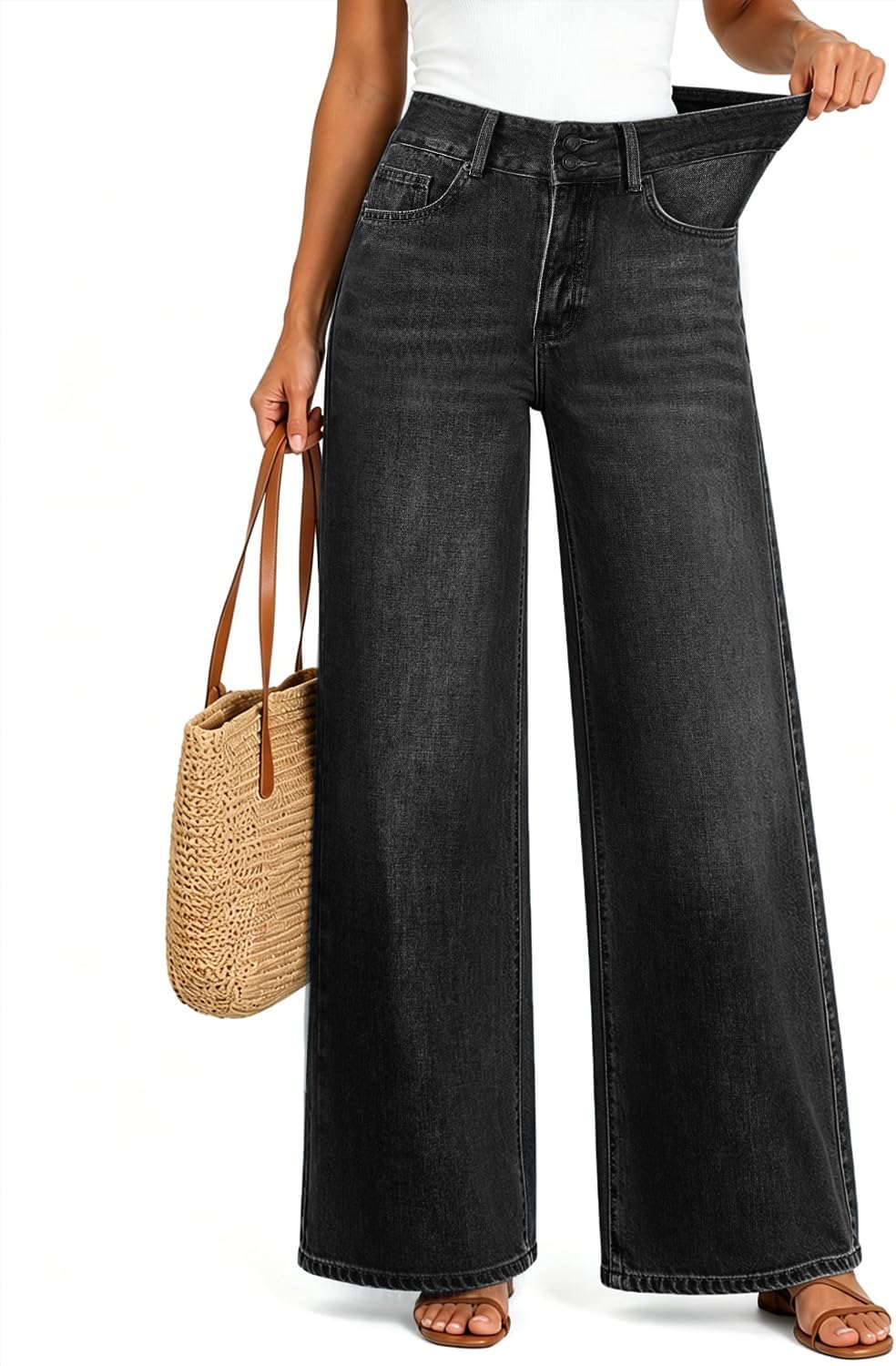 Women's High Rise Wide Leg Jeans - Relaxed Baggy Stretch Denim with a Double Button Waist - 2 Short