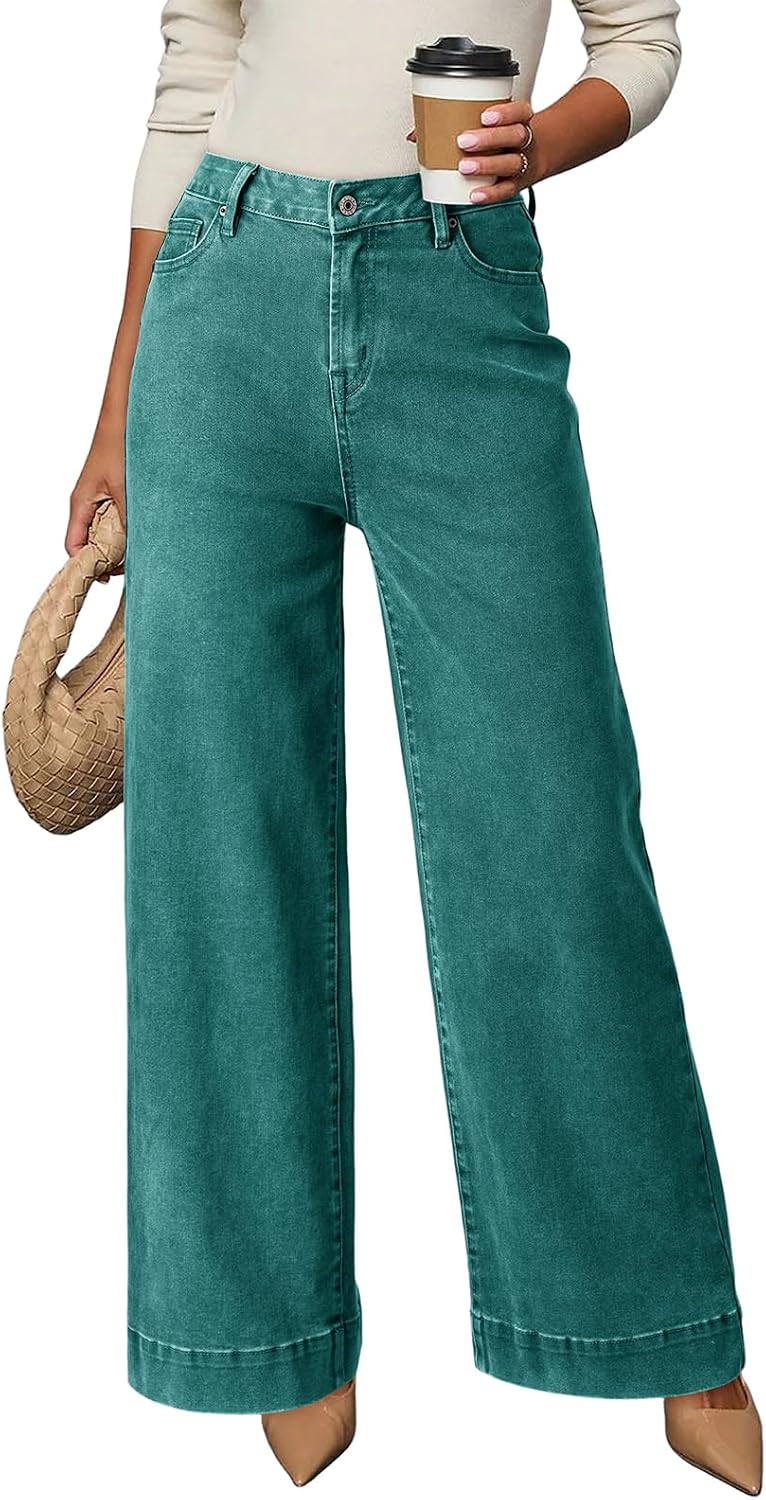 Women's High Waisted Wide Leg Jeans - Loose Stretch Denim with a Straight Leg for Everyday Casual Wear - 6