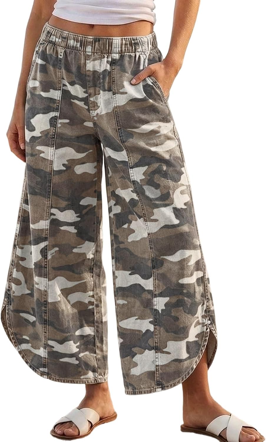 Women's Tulip Hem Wide Leg Jeans - Elastic Waist Cropped Denim Pants with a Casual Y2k Shape - Small
