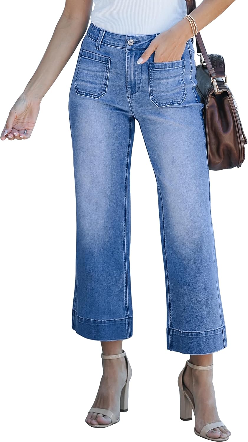 Women's Cropped Flare Jeans - High Rise Wide Leg Denim with Front Patch Pockets for Concert Outfits - Medium
