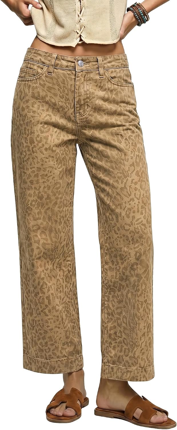 Women's Leopard Print Wide Leg Jeans - Ankle Length Stretch Denim with a High Waist for Fall Outfits - Small (9)