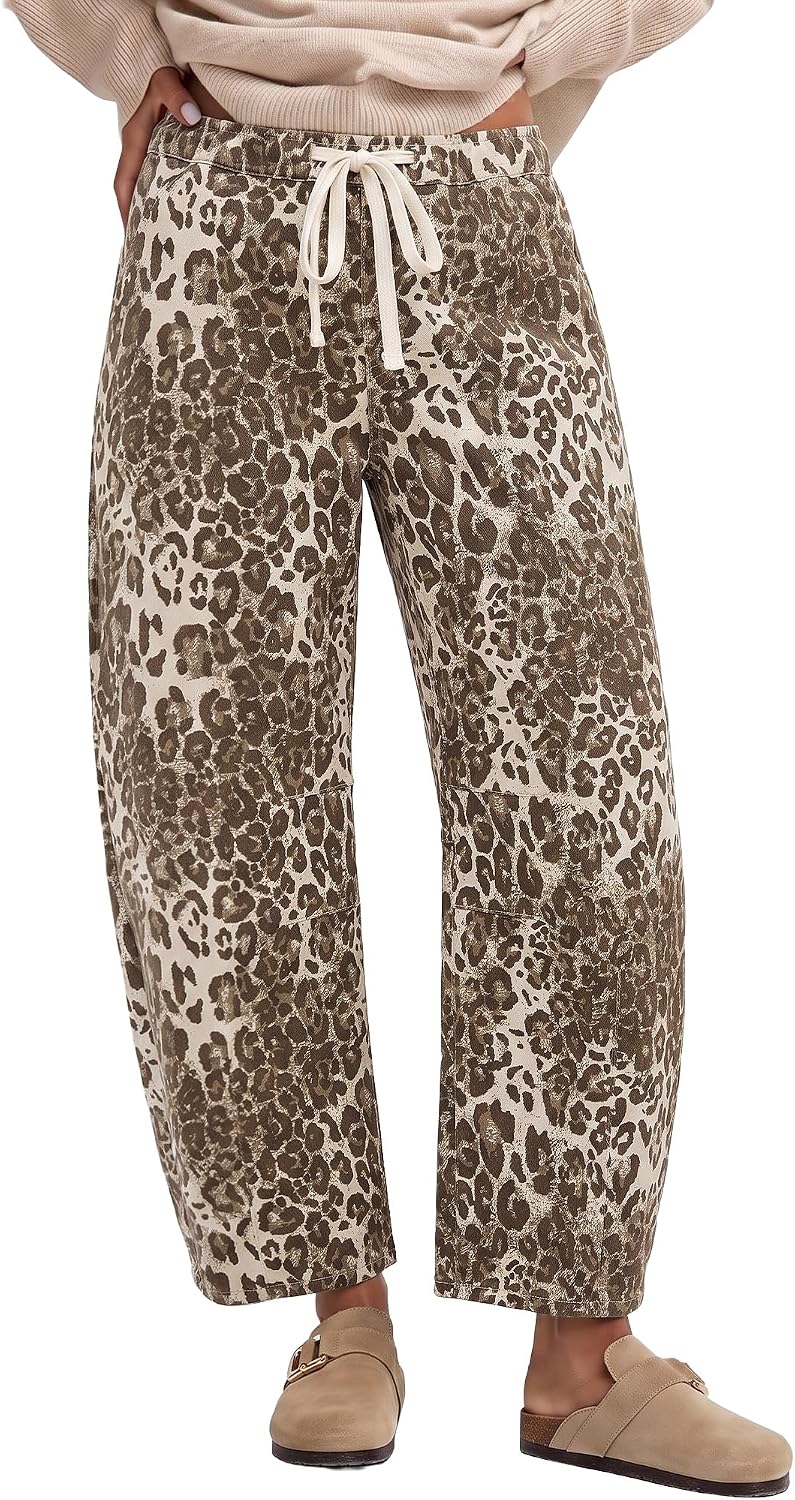 Women's Leopard Print Barrel Jeans - High Waisted Pull On Cropped Wide Leg Stretch Denim for Autumn - Small