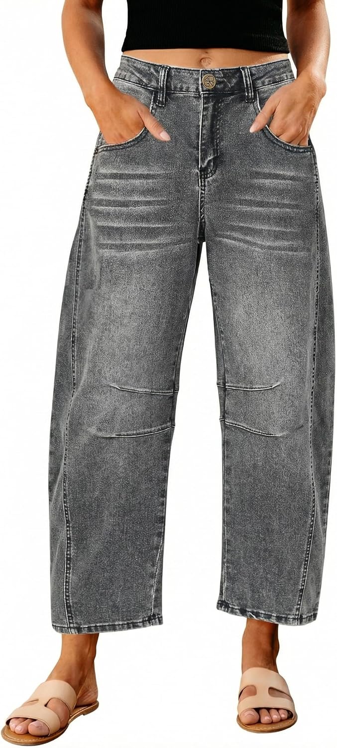 Women's High Rise Barrel Jeans - Cropped Stretch Denim with Seam Detailing for Dressy Casual Outfits - Small (12)