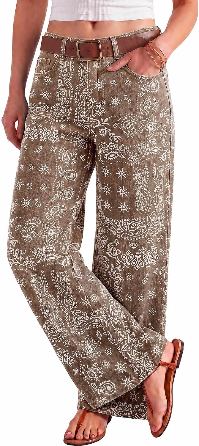 Women's Bandana Print Baggy Jeans - High Waist Wide Leg Cotton Denim with Patchwork for Streetwear - 2