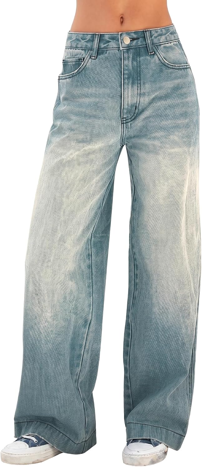 Women's High Waist Wide Leg Jeans - Stretchy Baggy Denim Trousers with Pockets for Relaxed Daily Wear - Small