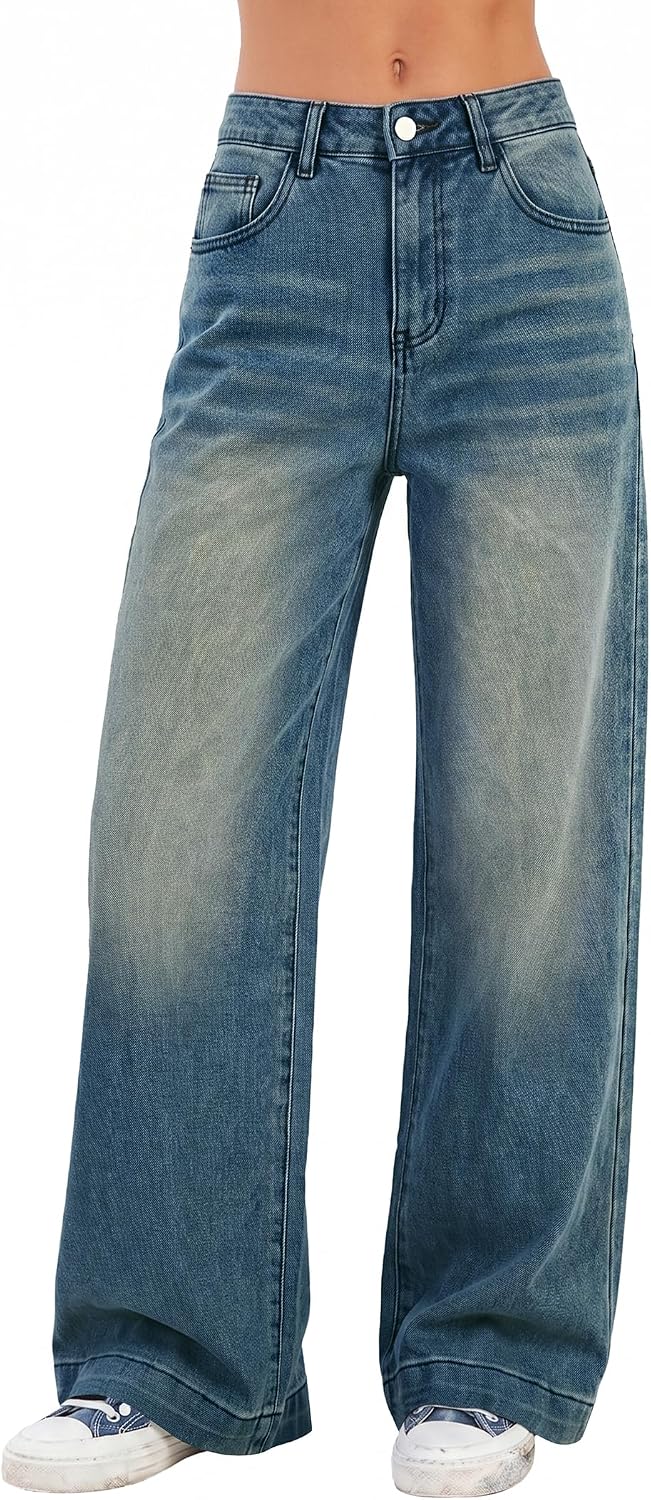 Women's High Waist Wide Leg Jeans - Stretchy Baggy Denim Trousers with Pockets for Relaxed Daily Wear - Small