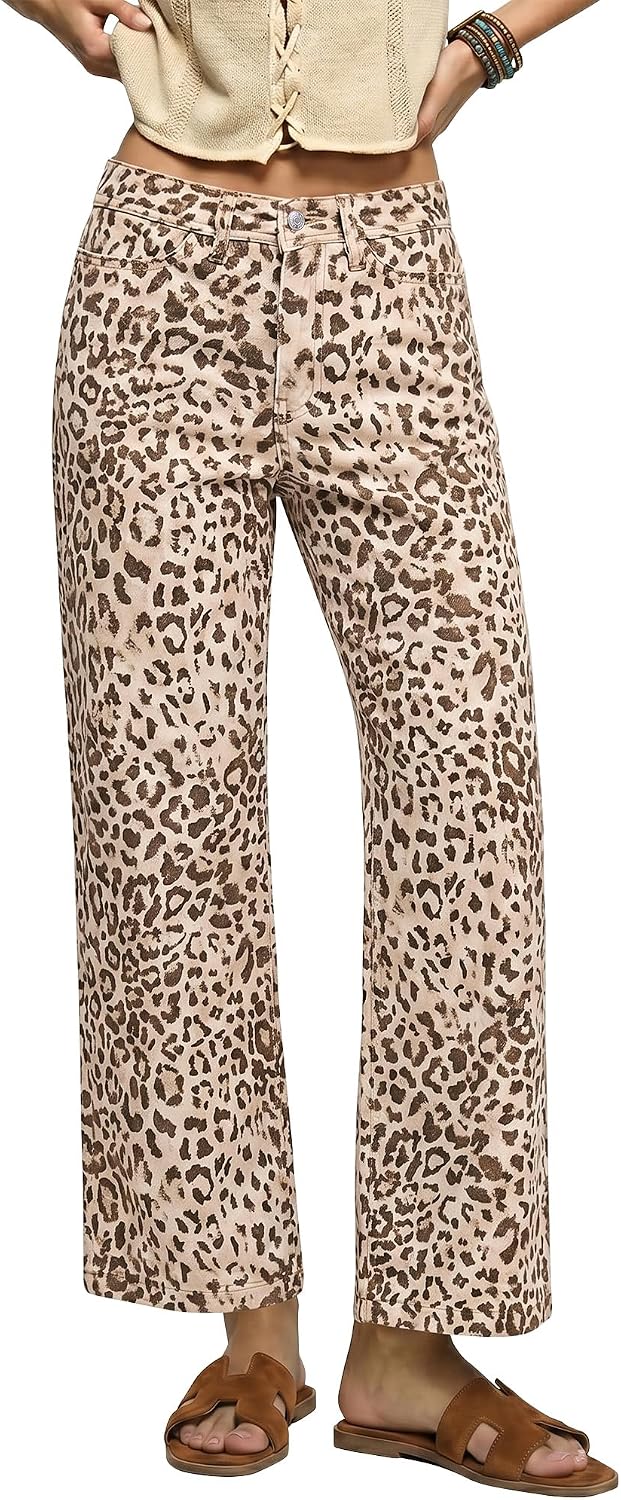 Women's Leopard Print Wide Leg Jeans - Ankle Length Stretch Denim with a High Waist for Fall Outfits - Small