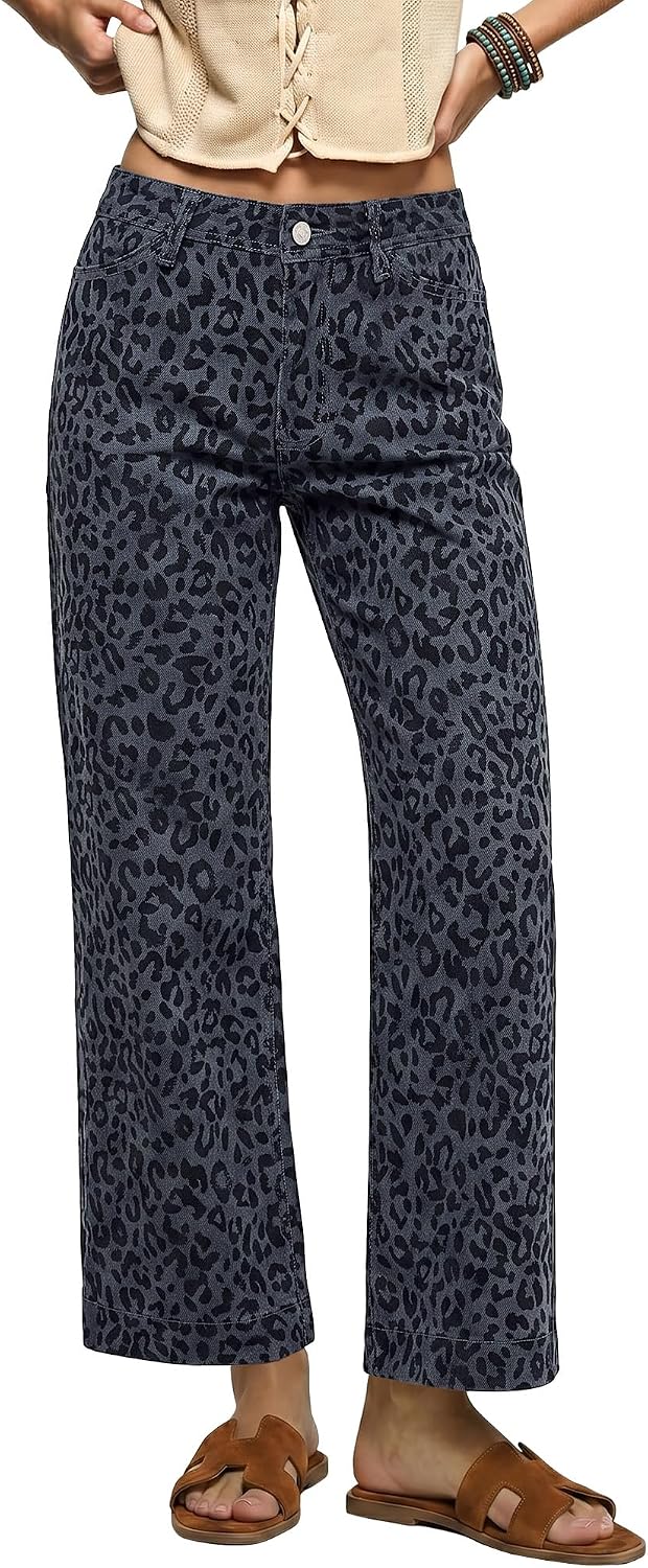 Women's Leopard Print Wide Leg Jeans - Ankle Length Stretch Denim with a High Waist for Fall Outfits - Small