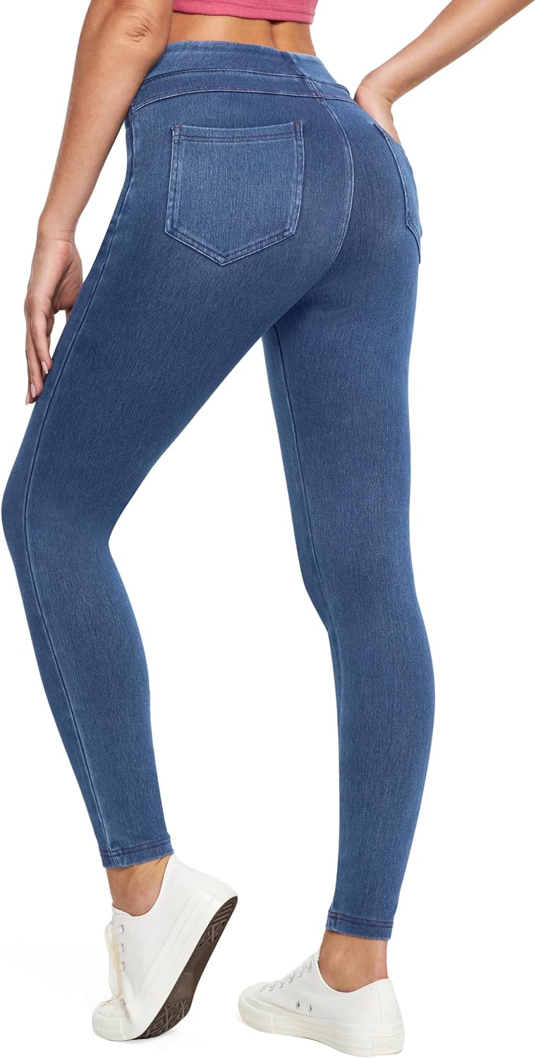 Women's Pull On Denim Jeggings - High Waist Skinny Leggings with Tummy Control and Four Pockets - Plus Size (2)