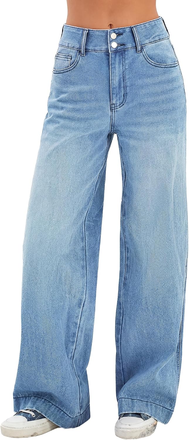 Women's High Waist Wide Leg Jeans - Stretchy Baggy Denim Trousers with Pockets for Relaxed Daily Wear - Small