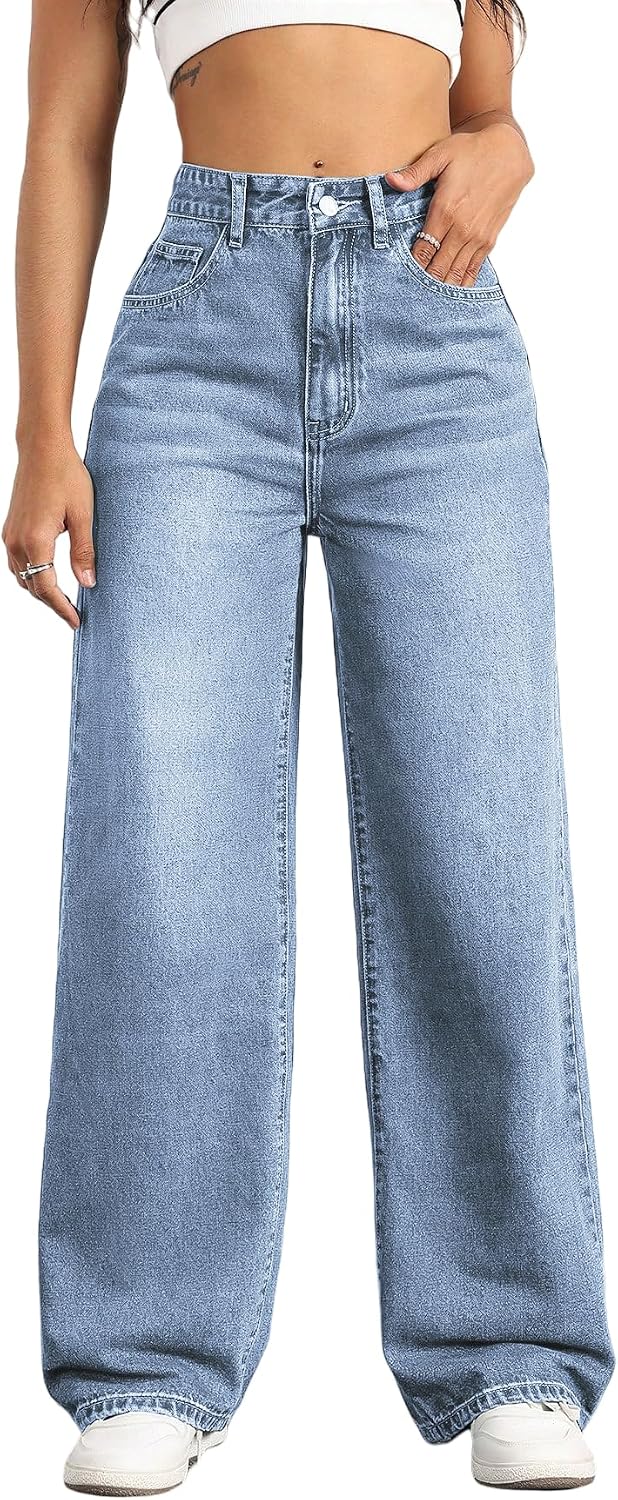 Women's High Rise Straight Leg Jeans - Baggy Boyfriend Denim with Five Pockets for Casual Wear - Apricot