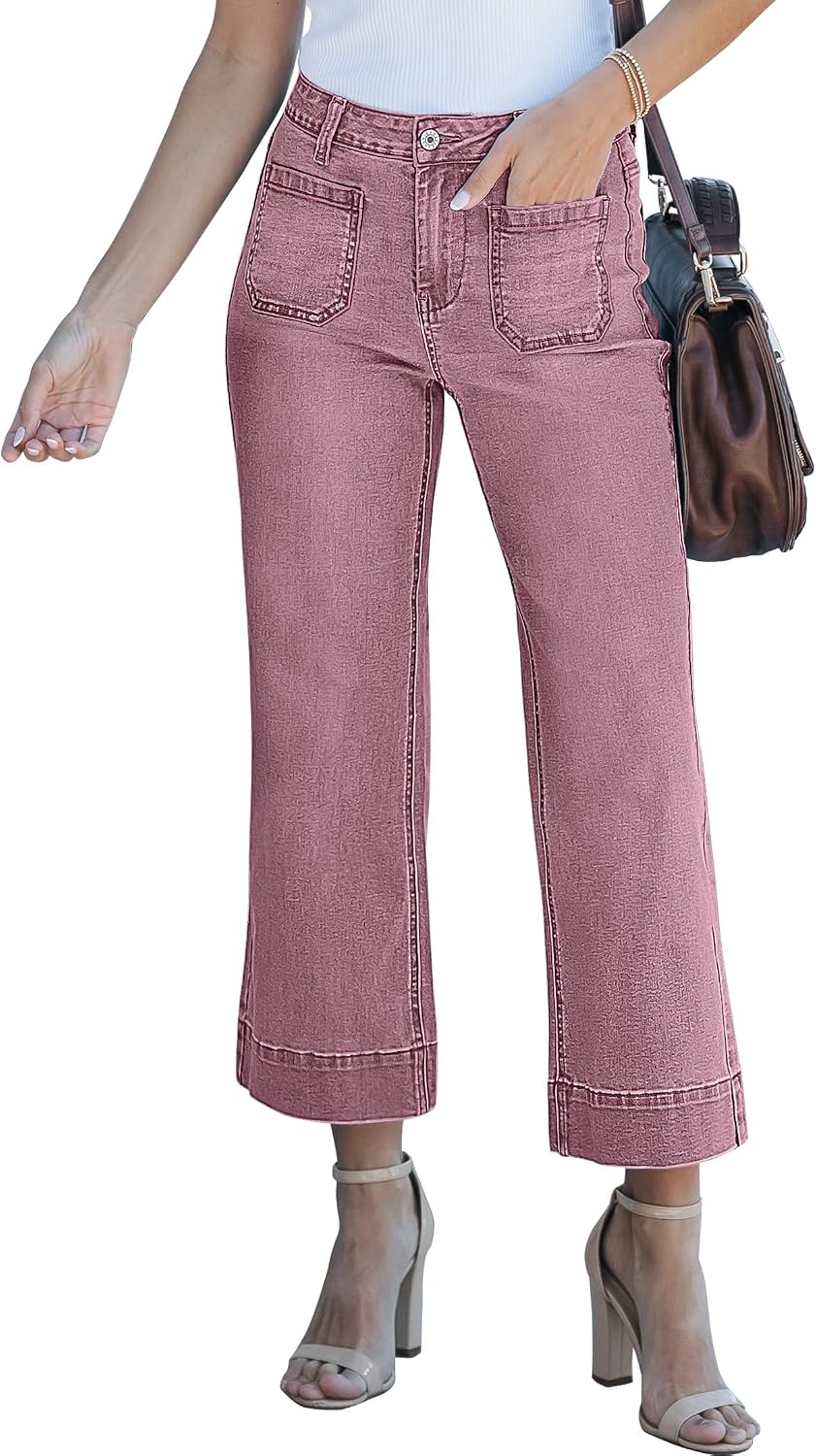 Women's Cropped Flare Jeans - High Rise Wide Leg Denim with Front Patch Pockets for Concert Outfits - Small