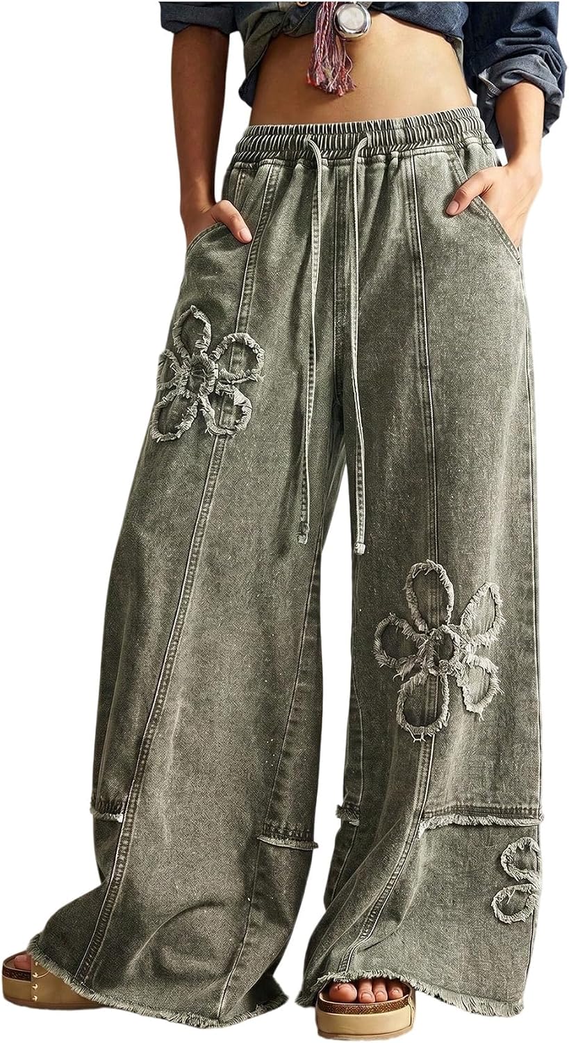 Women's Floral Baggy Wide Leg Jeans - Low Rise Denim Boho Pants with Drawstring Elastic Waist - Small