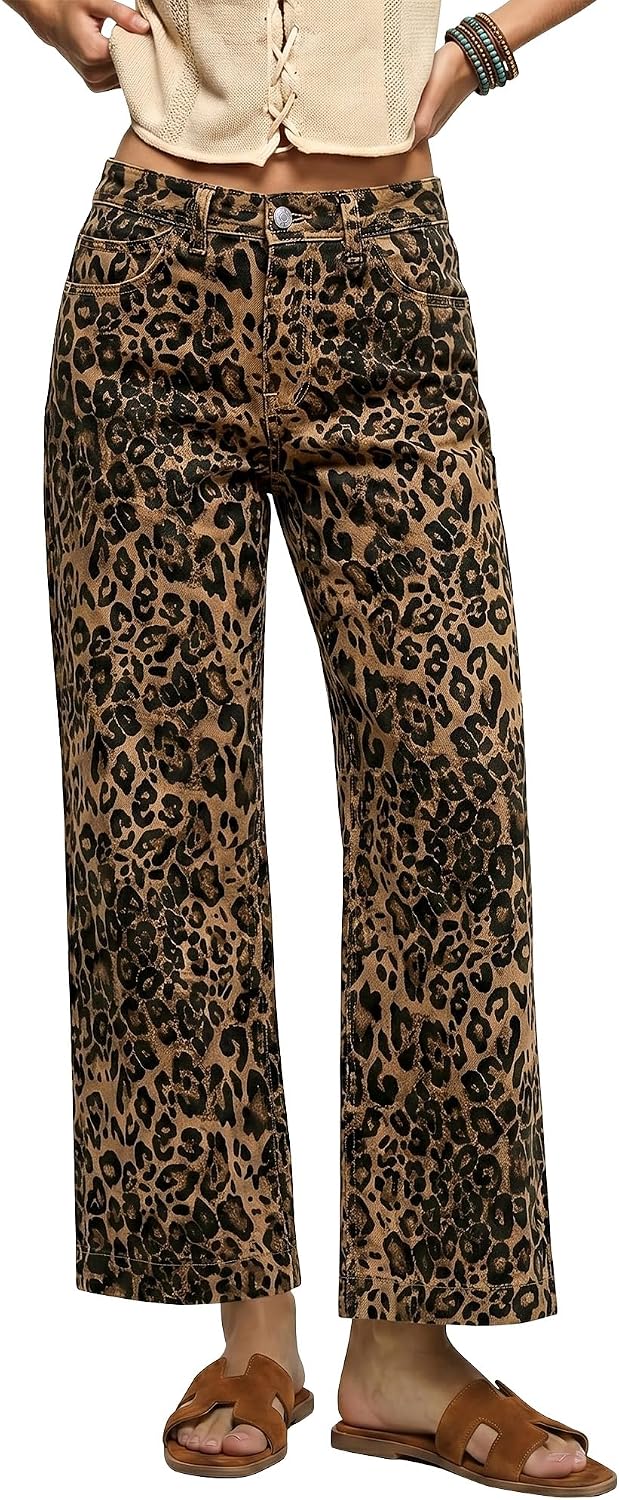 Women's Leopard Print Wide Leg Jeans - Ankle Length Stretch Denim with a High Waist for Fall Outfits - Small