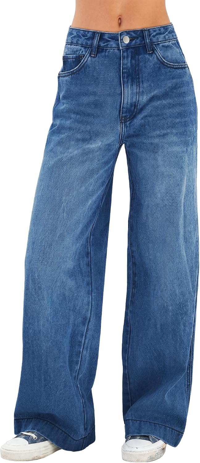 Women's High Waist Wide Leg Jeans - Stretchy Baggy Denim Trousers with Pockets for Relaxed Daily Wear - Small (9)
