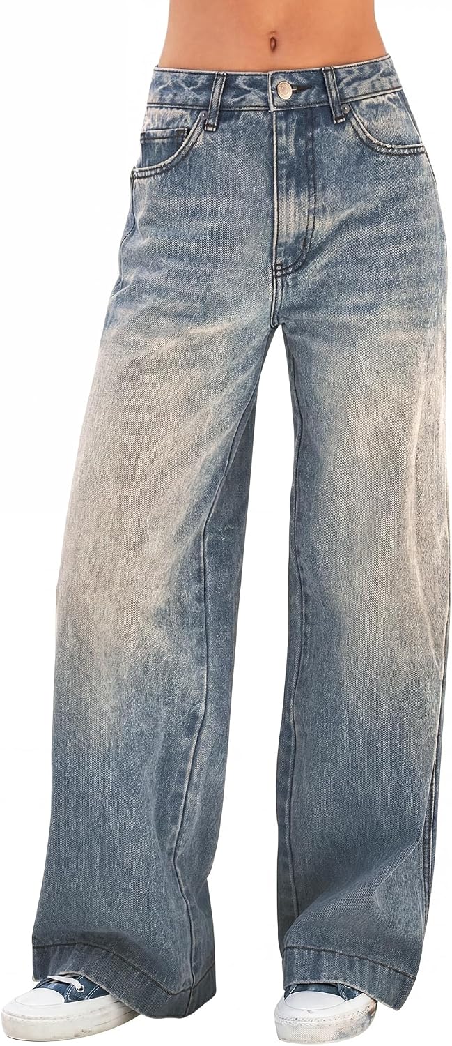 Women's High Waist Wide Leg Jeans - Stretchy Baggy Denim Trousers with Pockets for Relaxed Daily Wear - Small