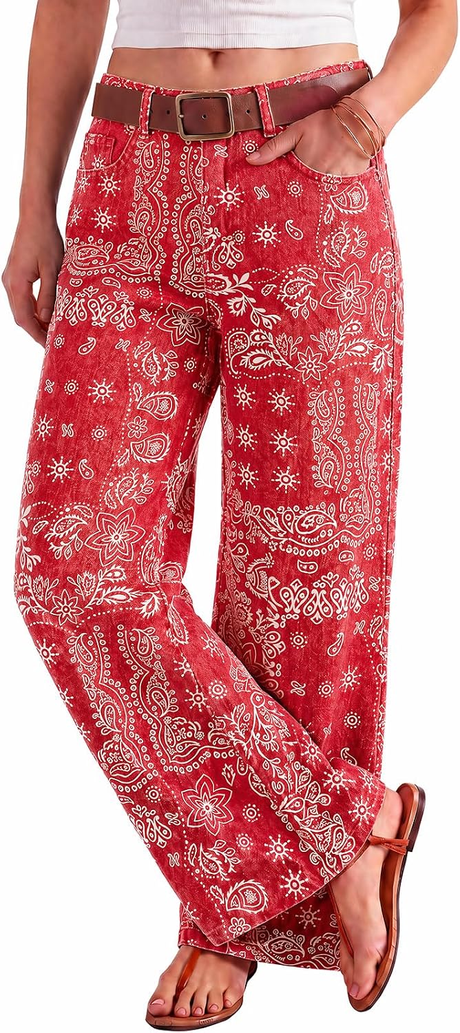 Women's Bandana Print Baggy Jeans - High Waist Wide Leg Cotton Denim with Patchwork for Streetwear - 2