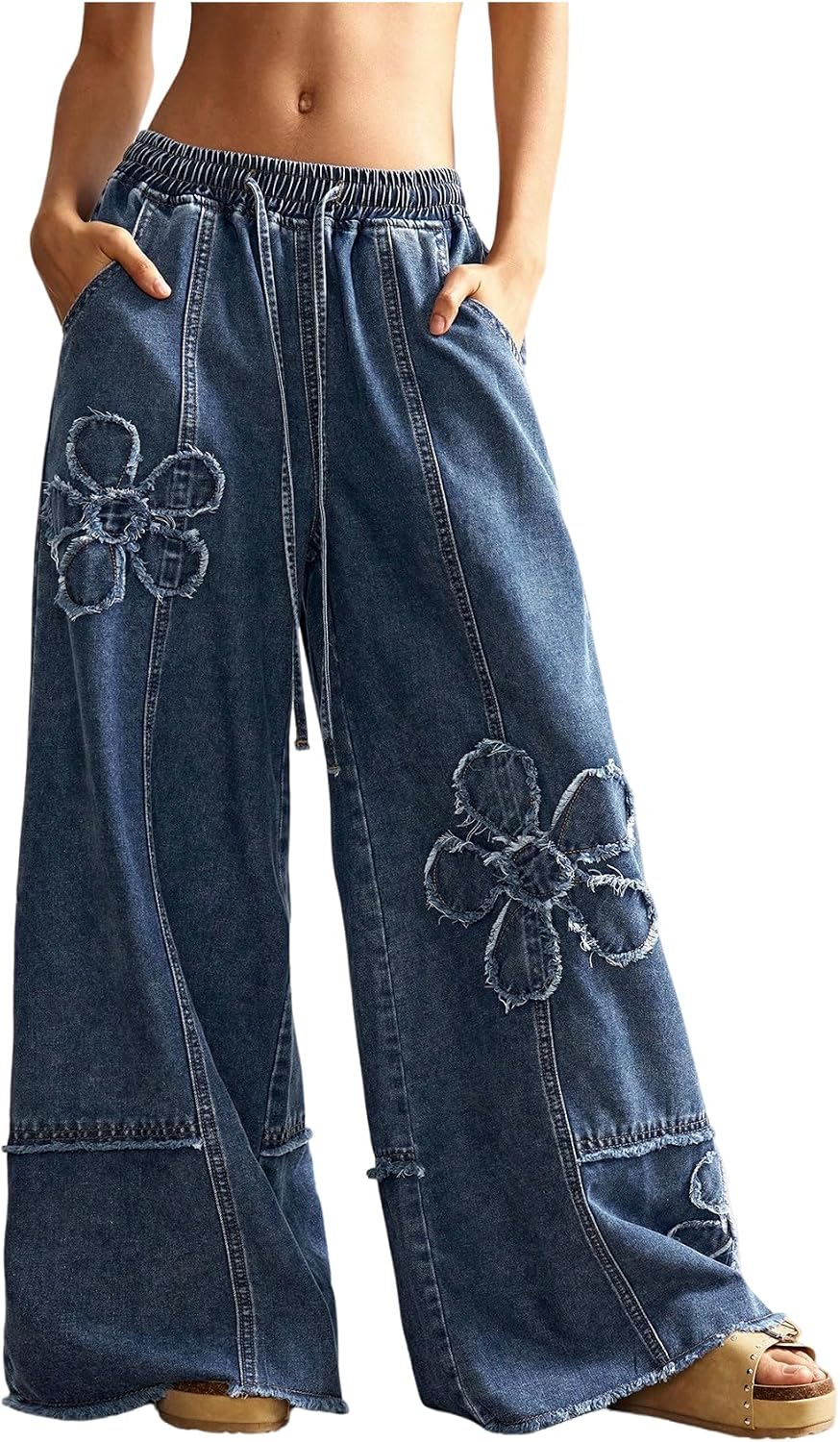 Women's Floral Baggy Wide Leg Jeans - Low Rise Denim Boho Pants with Drawstring Elastic Waist - Small