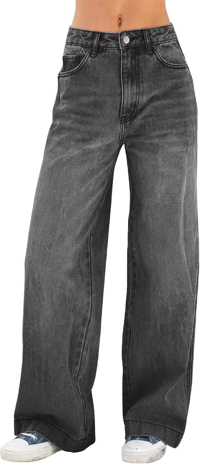 Women's High Waist Wide Leg Jeans - Stretchy Baggy Denim Trousers with Pockets for Relaxed Daily Wear - Small (15)
