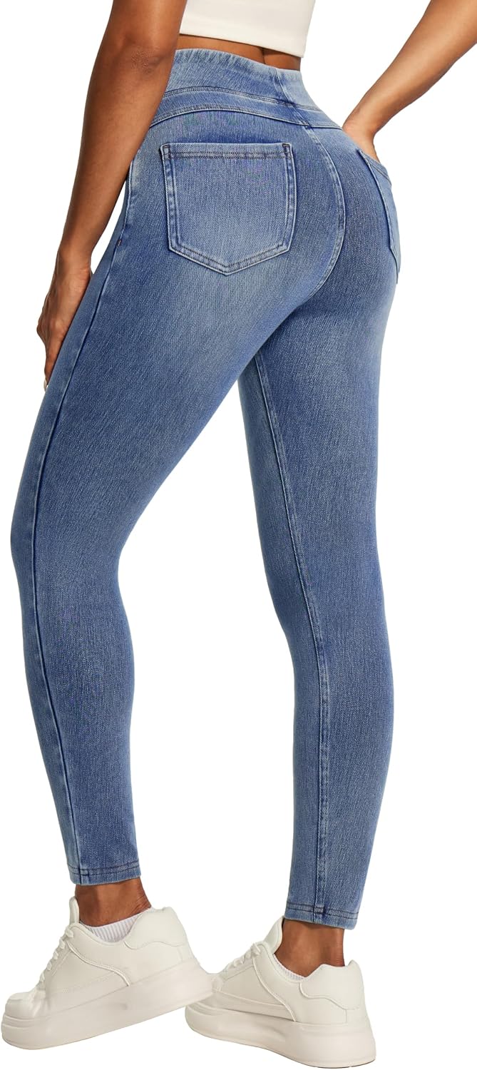 Women's Pull On Denim Jeggings - High Waist Skinny Leggings with Tummy Control and Four Pockets - Plus Size