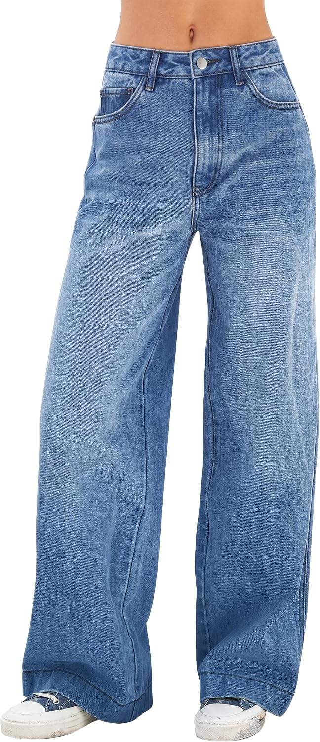 Women's High Waist Wide Leg Jeans - Stretchy Baggy Denim Trousers with Pockets for Relaxed Daily Wear - Small (12)