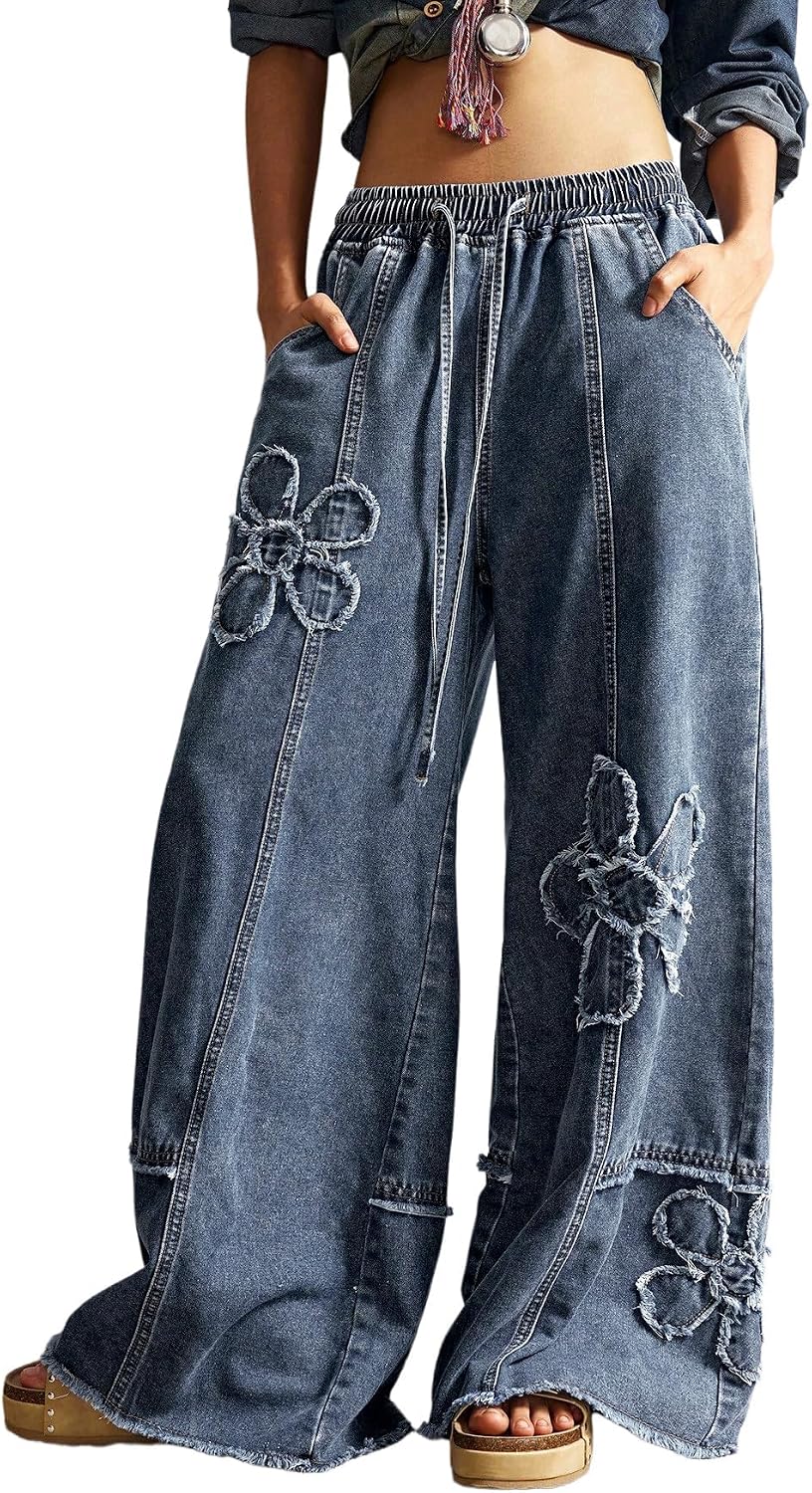 Women's Floral Baggy Wide Leg Jeans - Low Rise Denim Boho Pants with Drawstring Elastic Waist - Small (10)