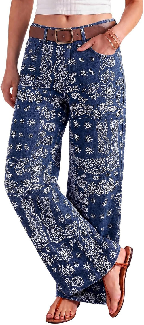 Women's Bandana Print Baggy Jeans - High Waist Wide Leg Cotton Denim with Patchwork for Streetwear - 2