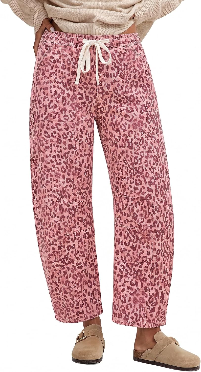Women's Leopard Print Barrel Jeans - High Waisted Pull On Cropped Wide Leg Stretch Denim for Autumn - Small (13)