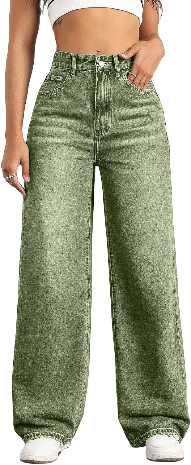 Women's High Rise Straight Leg Jeans - Baggy Boyfriend Denim with Five Pockets for Casual Wear - Apricot (2)