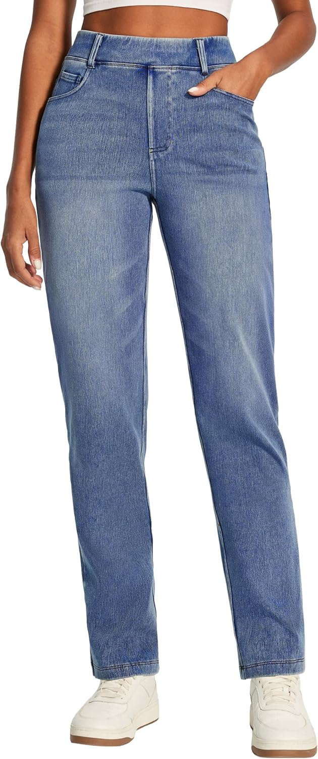 Women's Pull On Straight Leg Jeans - Elastic Waist Tummy Control Denim in Two Lengths for the Office - Petite (3)