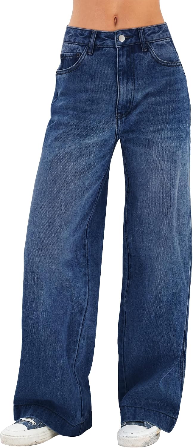 Women's High Waist Wide Leg Jeans - Stretchy Baggy Denim Trousers with Pockets for Relaxed Daily Wear - Small