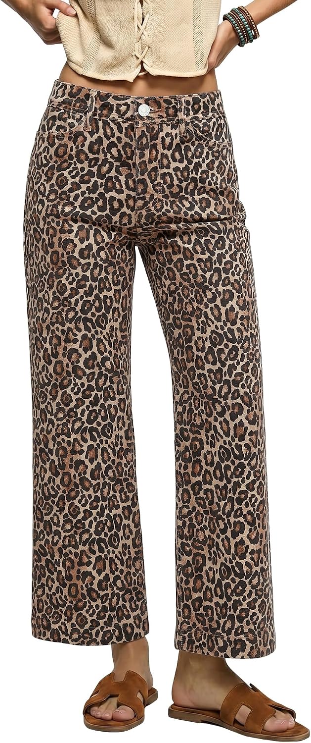 Women's Leopard Print Wide Leg Jeans - Ankle Length Stretch Denim with a High Waist for Fall Outfits - Small