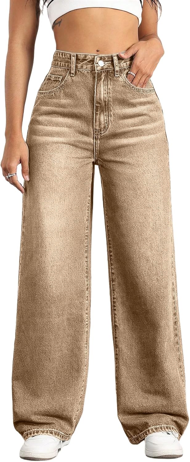 Women's High Rise Straight Leg Jeans - Baggy Boyfriend Denim with Five Pockets for Casual Wear - Beige