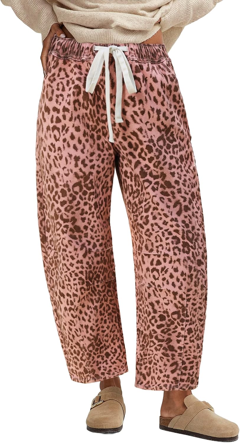 Women's Leopard Print Barrel Jeans - High Waisted Pull On Cropped Wide Leg Stretch Denim for Autumn - Small (8)