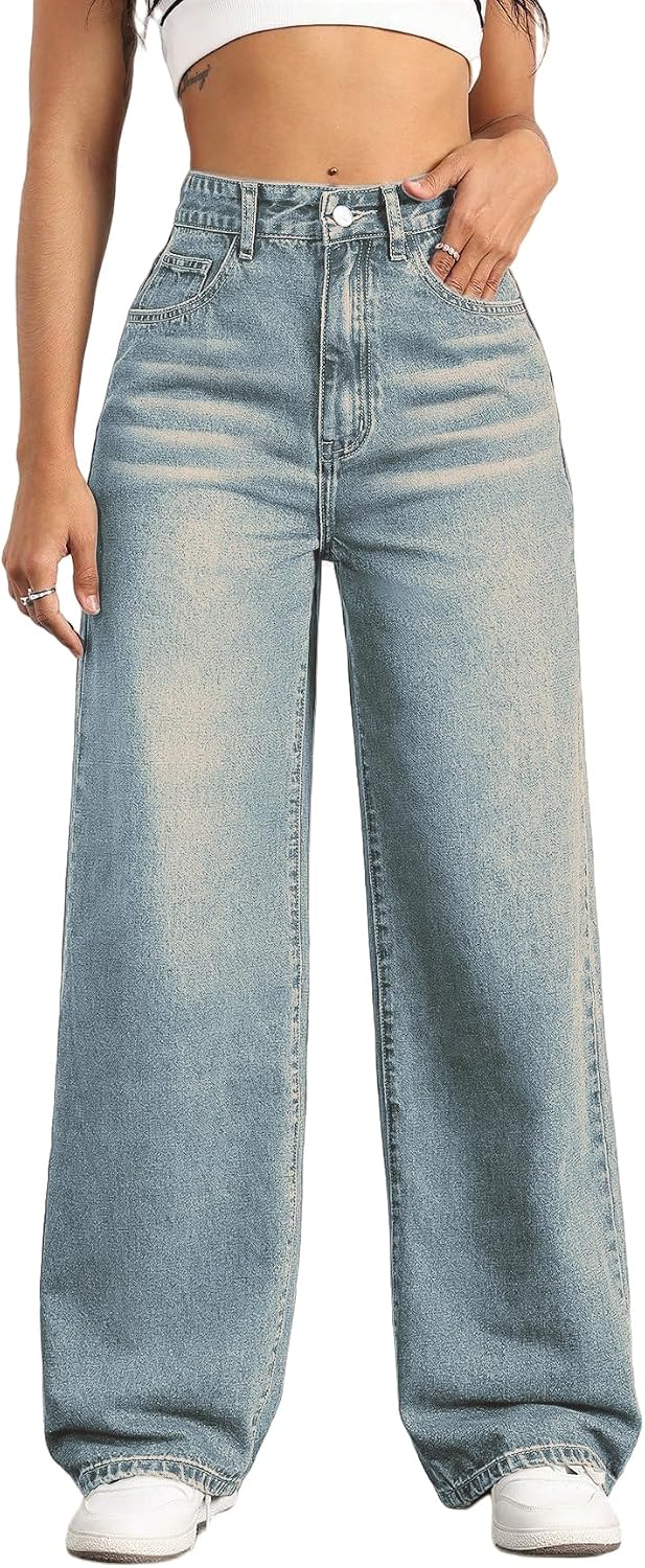 Women's High Rise Straight Leg Jeans - Baggy Boyfriend Denim with Five Pockets for Casual Wear - Beige