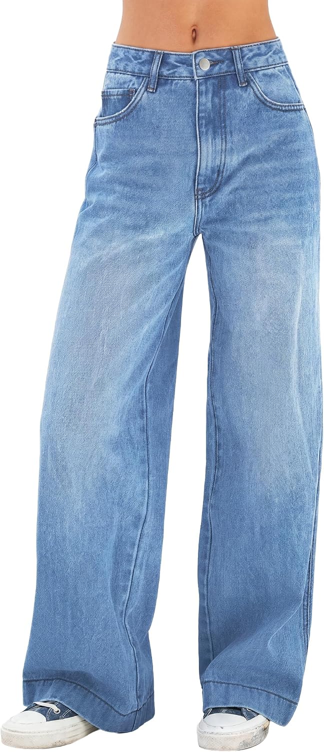 Women's High Waist Wide Leg Jeans - Stretchy Baggy Denim Trousers with Pockets for Relaxed Daily Wear - Small (2)