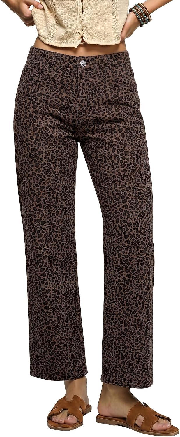 Women's Leopard Print Wide Leg Jeans - Ankle Length Stretch Denim with a High Waist for Fall Outfits - Small